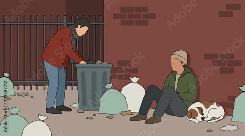 Fotografie Illustration of homeless men in an alley, one searching trash with a dog nearby