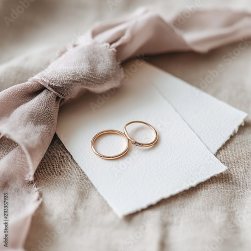Minimal wedding detail flat lay: plain rings, linen ribbon, blank place card, soft shadows, calm luxe