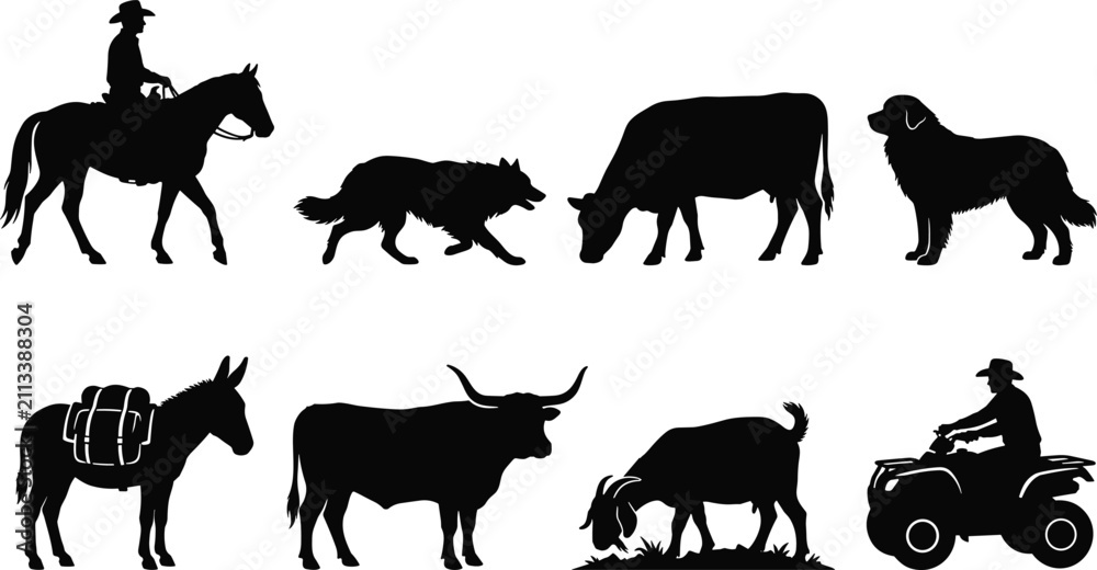 Fototapeta premium Farm Animal and Rural Life Silhouette Collection for Agriculture Vector Design