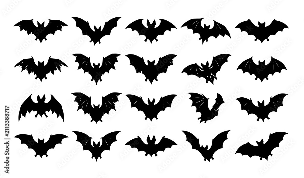 Fototapeta premium ​Halloween Flying Bat Silhouette Set Collection Isolated Vector Graphic