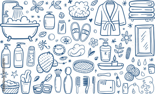 Bathroom accessories and toiletries hand drawn doodle set with bathroom toiletries accessories bathrobe cosmetics illustration wellness personal slippers collection lifestyle