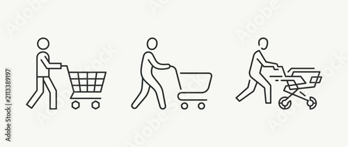 Simple line art icons of people pushing shopping carts and baby strollers