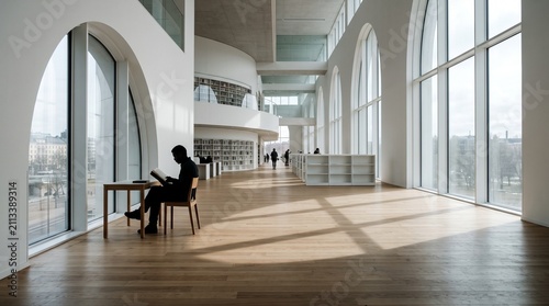 Person Reading in Modern Library Interior with City Views