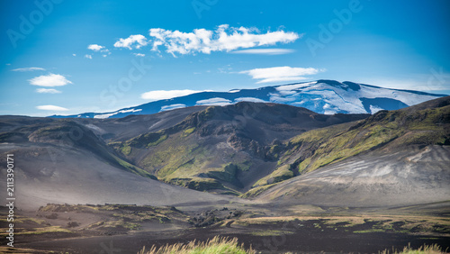 Quadro su tela Sunny day in Landmannalaugar Iceland showcasing vibrant landscape, mountains, an