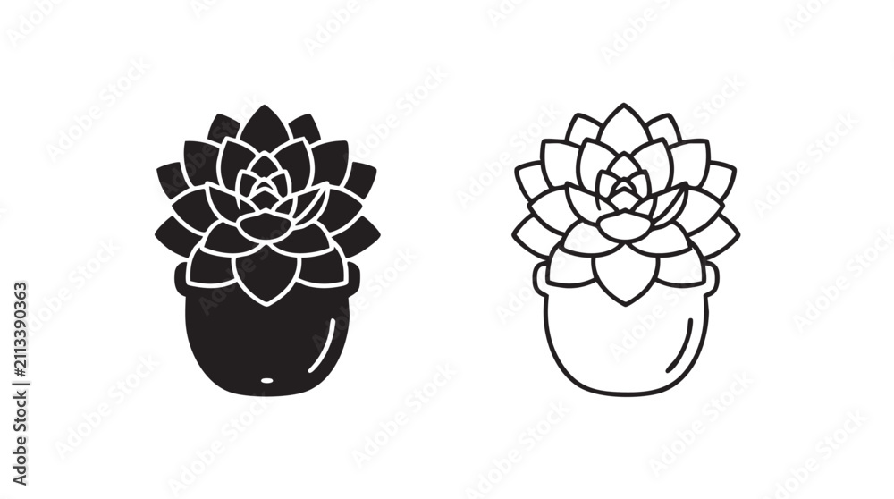 Obraz premium succulent vector silhouette with line art pair icon featuring plant, pot, black