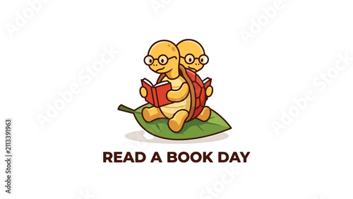 Turtle Reading Books on a Green Leaf for Education and Literacy Day