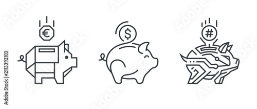 Three minimalist line art piggy banks representing different global currencies and financial concepts