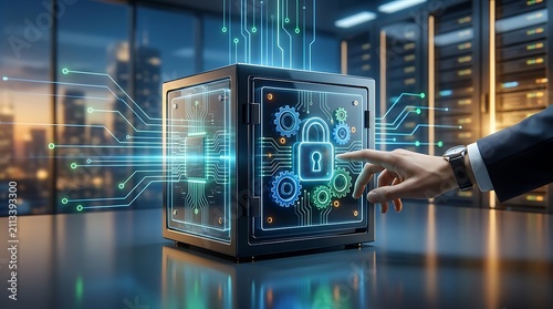Digital safe with glowing circuit patterns and padlock icon