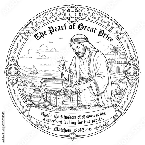 The Pearl of Great Price Bible Coloring Page Line Art Christian Parable Scripture Stained Glass Style Illustration