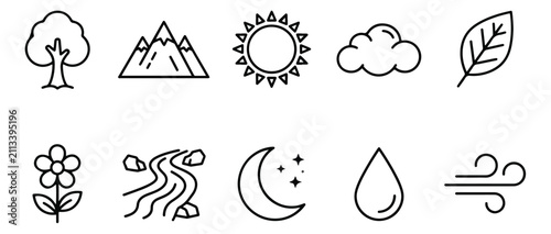 Minimalist nature line icons set, 10 black outline environment symbols, eco friendly weather and landscape vector elements for web design