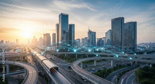 Modern Smart City Infrastructure with Glowing Digital Network Overlooking Transportation Hub at Sunset