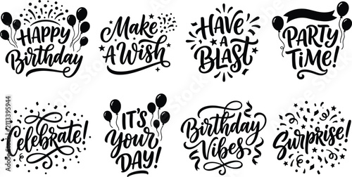 Canvas Print Happy Birthday Hand Lettering Collection with Party Quotes, Balloons, and Celebr