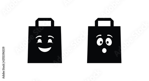 Two paper shopping bags with facial expressions black and white silhouette bag carrier gift retail handle