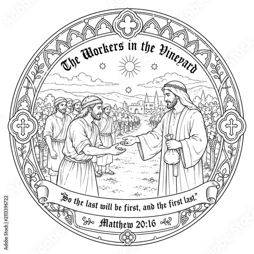 The Workers in the Vineyard Bible Coloring Page Line Art Christian Parable Scripture Stained Glass Style Illustration