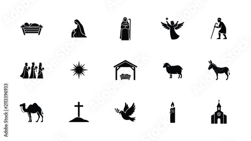 Bild auf Leinwand Traditional black and white silhouette icons of religious nativity symbols colle