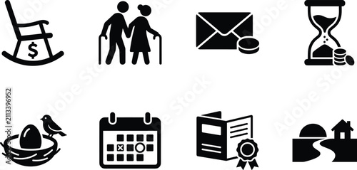 Cuadro en lienzo Retirement and Pension Planning Icon Set with Savings, Senior Couple, Pension En