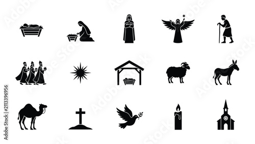 Foto Black and white silhouette icons of traditional nativity symbols with rendered m