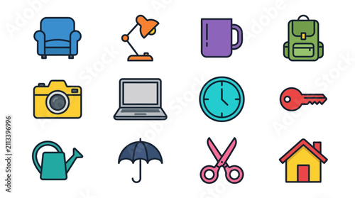 Картината върху платно Household lifestyle and everyday objects flat vector icon collection