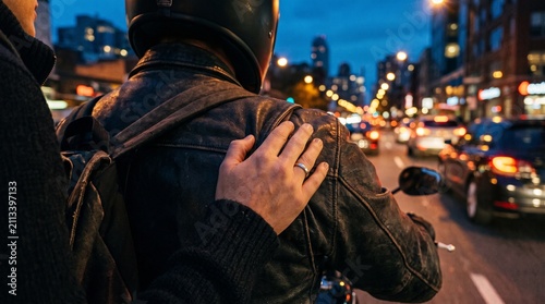 Passenger placing hand on motorcycle rider shoulder during city night ride