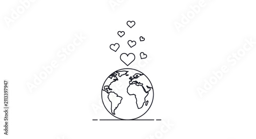 World globe with floating hearts line art icon