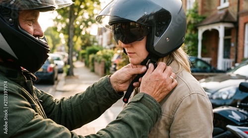 A caring man helps his female companion securely fasten her motorcycle helmet strap before starting a safe ride through a suburban street