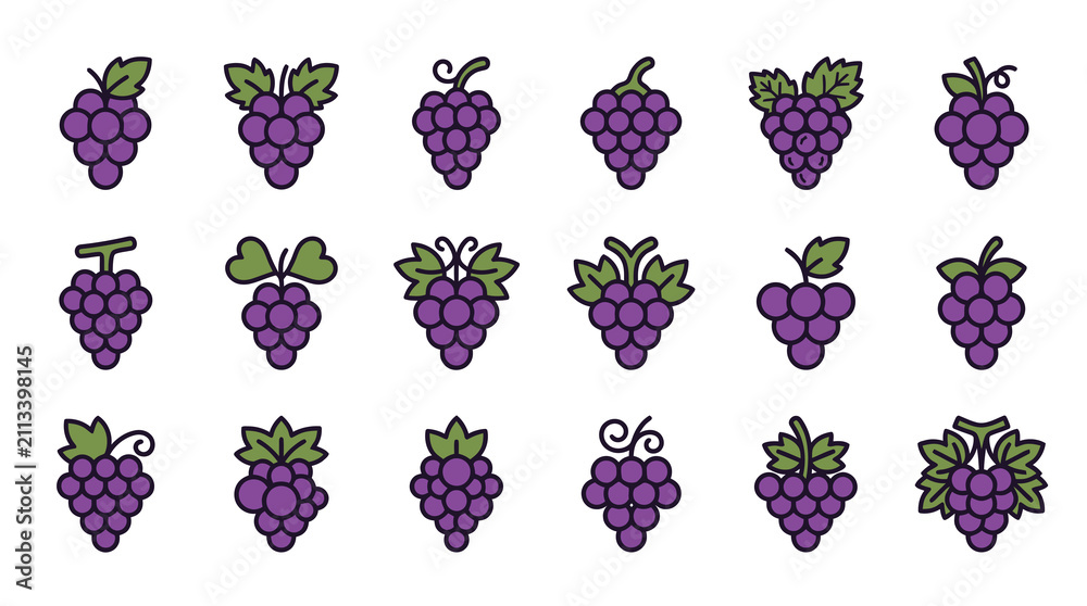 Obraz premium Purple grape cluster line art icons set