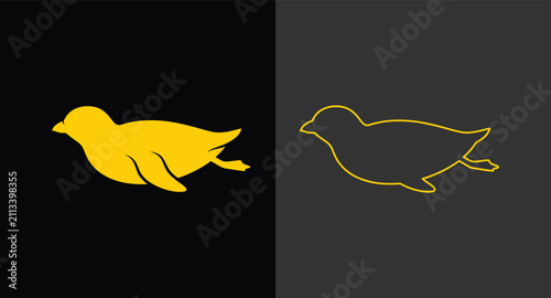 Quadro su tela Penguin swimming silhouette and line art icon with swimming wildlife creature