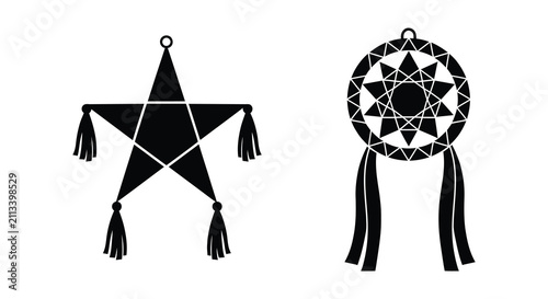 Fotografie Two mexican pi ata silhouettes with tassels and hanging loops on a white backgro