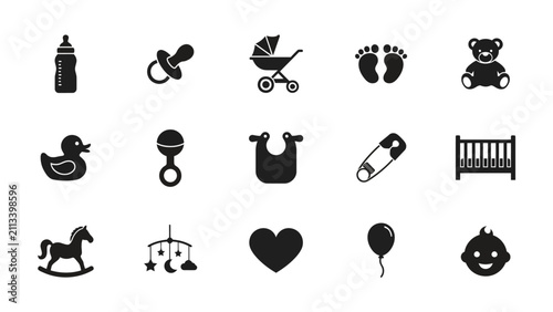 Принти на полотні Black and white infant care and playtime icon set with silhouette style design w