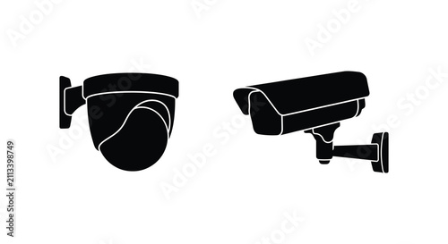 Quadro su tela Two security cameras in black silhouette against a white background silhouette c