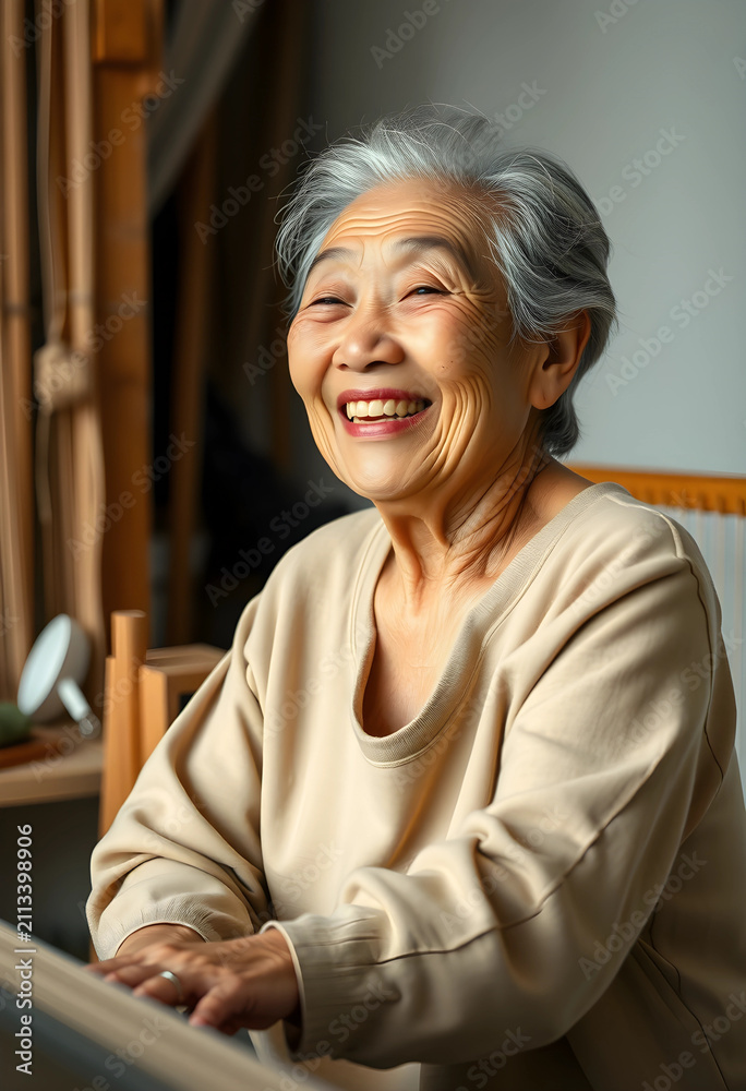 Fototapeta premium Joyful elderly Asian woman smiling indoors
