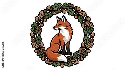 Fox sitting in leaf wreath.
