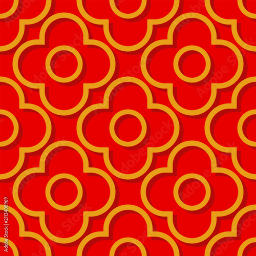 Vector seamless retro pattern of abstract geometric flowers in traditional Chinese style. Retro geometric pattern in Asian style.