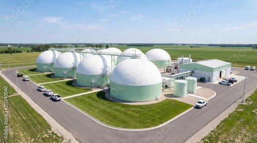 Aerial View of Modern Biogas Facility Surrounded by Lush Green Fields on a Clear Day