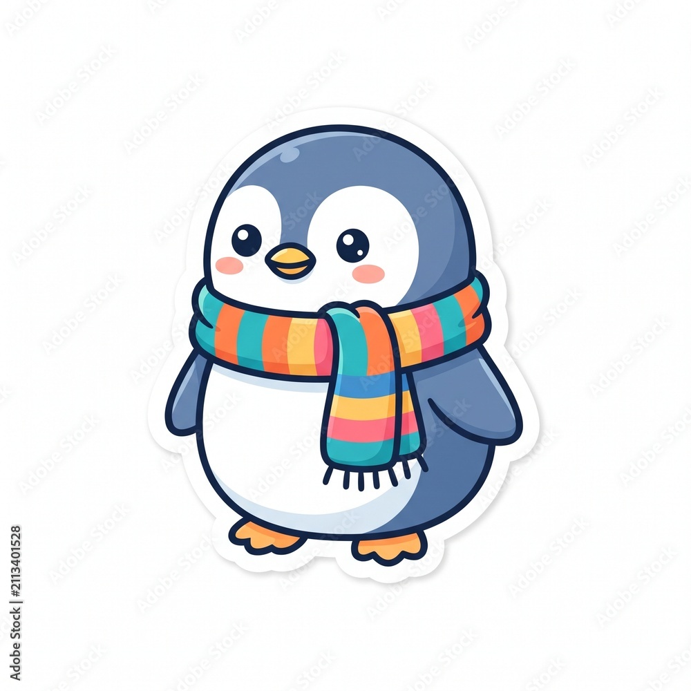 Fototapeta premium Cute cartoon penguin with colorful scarf standing against white background