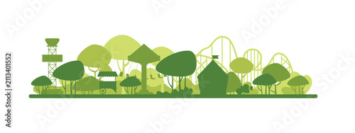 Flat green amusement park landscape with trees, roller coaster and buildings in simple silhouette style, eco friendly theme, isolated on white background vector illustration