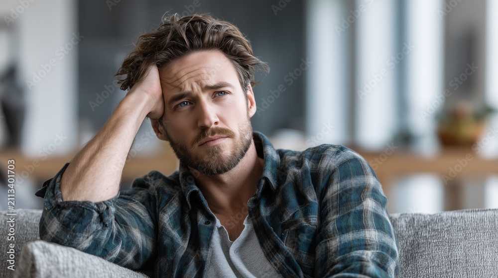 Obraz premium Young attractive man experiencing stress and worry, showing a pensive expression with hand on head, contemplating life problems and mental challenges at home