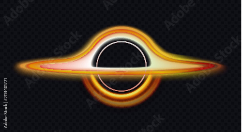 Glowing realistic yellow black hole with bright accretion disk, gravitational lensing rings and transparent background effect for astronomy, science fiction space design projects vector illustration
