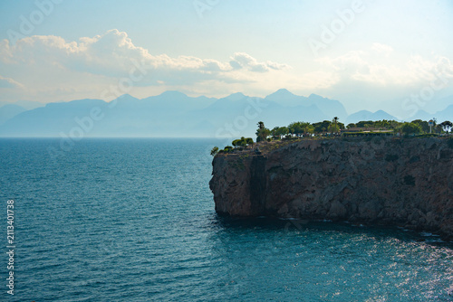 Scenic look at coastal cliff park and Taurus mountains in Antalya Turkey
