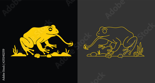 Bild auf Leinwand Simple frog silhouette and line art drawing catching insect with amphibian