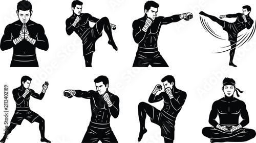 Fotografie Collection of black and white depicting a male fighter in various combat stances