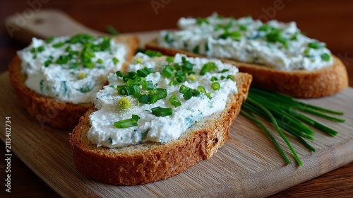 Delicious toasted bread with creamy cheese spread and chopped green onions