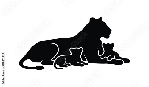 Photography Tigress Resting with Two Cubs Silhouette