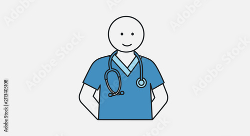 Simple Cartoon Doctor Wearing Blue Scrubs and Stethoscope.