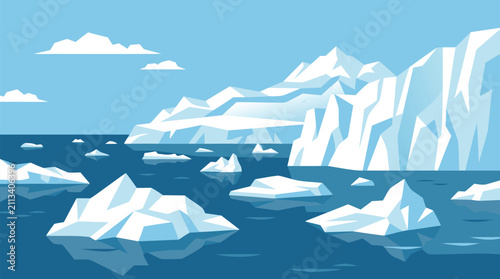Fotografie Floating Icebergs in Arctic Ocean, Minimalist Vector Illustration of Polar Glaci