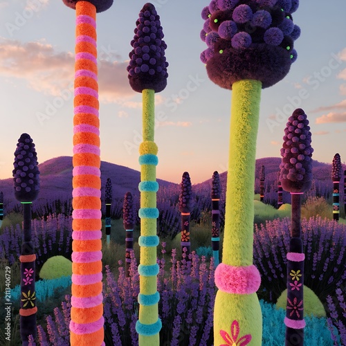 Lavender Field at Sunset, Purple lavender flowers glowing beautifully during sunset.