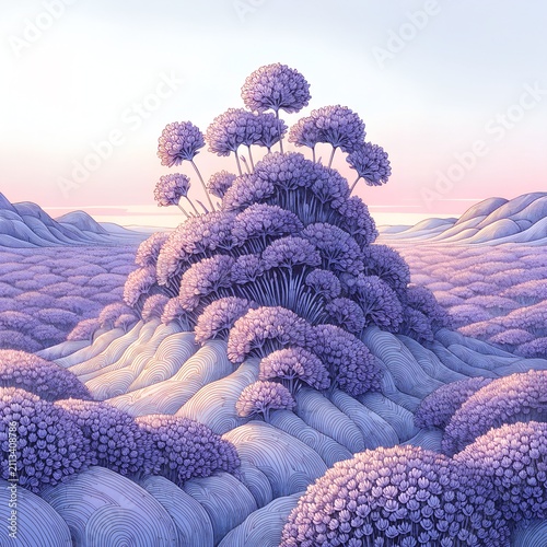 Lavender Field at Sunset, Purple lavender flowers glowing beautifully during sunset.