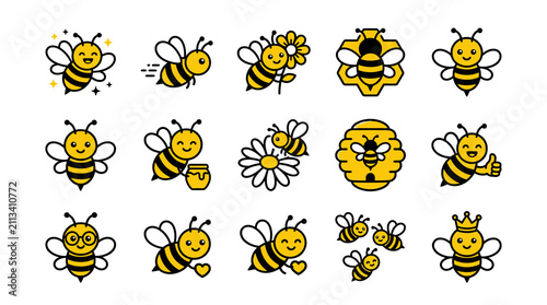 Cute honey bee characters and hive icons.