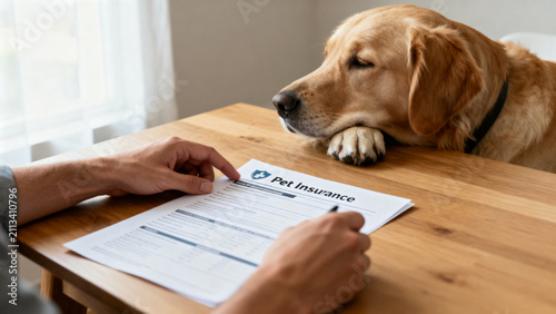 A pet owner reviewing pet insurance documents at home while a dog rests nearby, pet protection and financial care concept