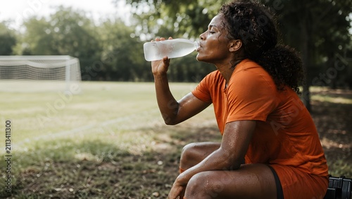 sports women's football 2026 women's africa cup of nations exhausted african female player drinking water after training for hydration recovery and heat safety


